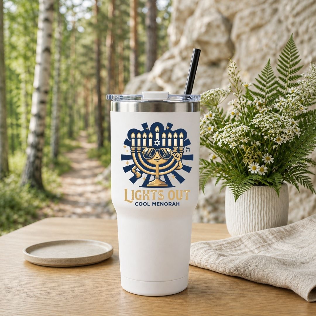 A white insulated tumbler with a clear lid and black straw sits on a wooden table outdoors. The tumbler has a navy and gold menorah graphic with the words 'LIGHTS OUT COOL MENORAH.