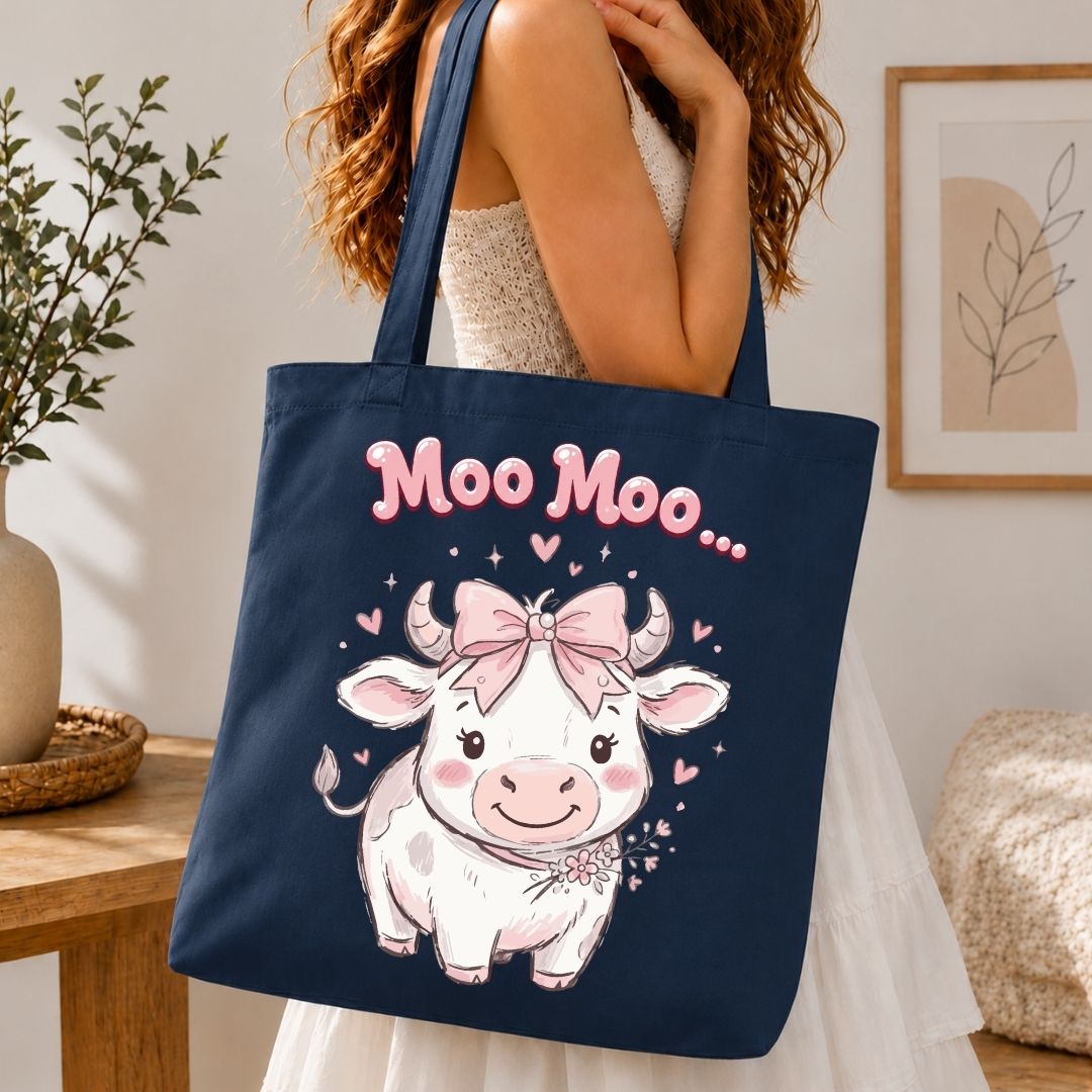 Moo Moo Cow Canvas Tote Bag, Cute Calf and Pink Bow Book Bag, Reusable Cotton Shoulder Bag, Navy Blue Grocery Tote