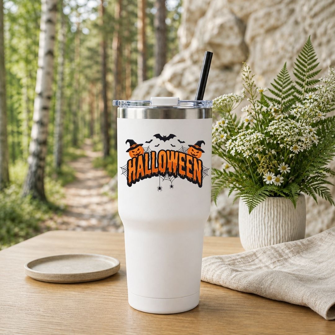 White travel tumbler with a black straw featuring a "Halloween" holiday graphic, set outdoors on a wooden table with a forest background.
