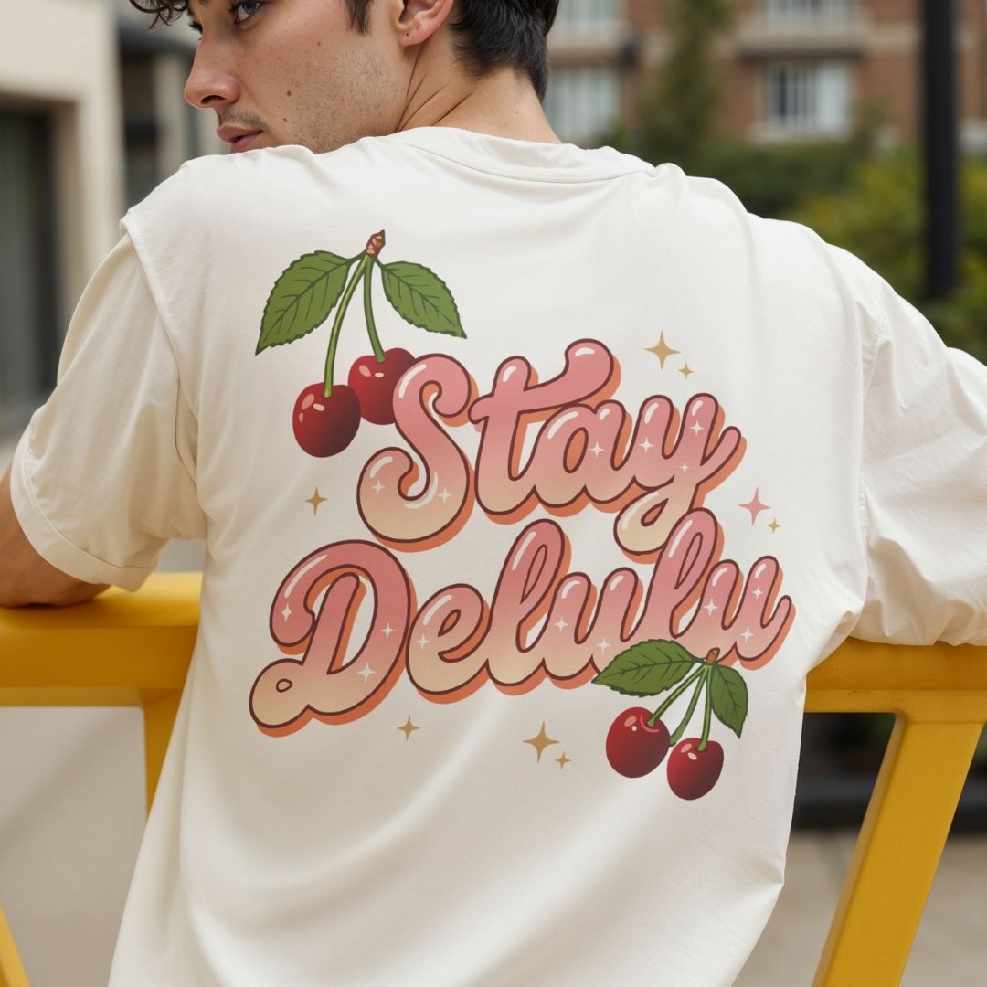 Person wearing a white t-shirt with 'Stay Delulux' and cherry graphics.