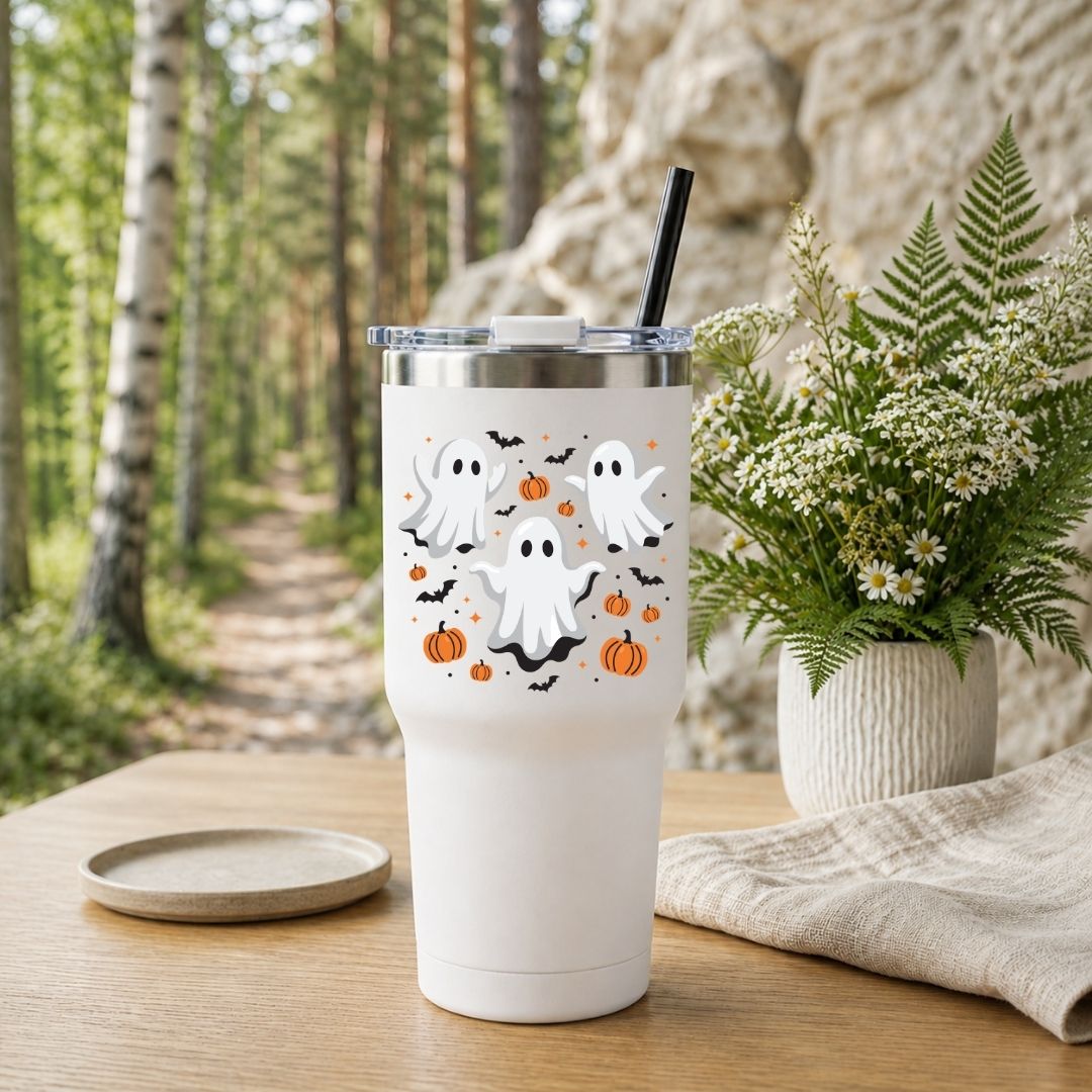 White travel tumbler with a black straw featuring a cute Halloween ghosts and pumpkins graphic, set outdoors on a wooden table with a forest background.