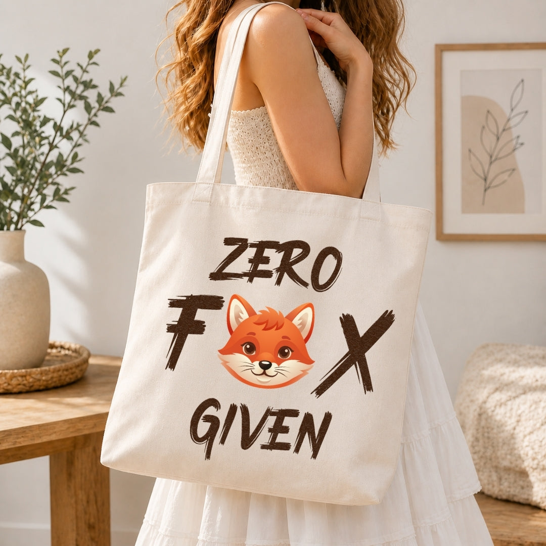 Woman carrying a cream-colored canvas tote bag over her shoulder featuring the funny fox illustration and Zero Fox Given text.