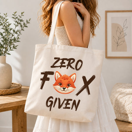 Woman carrying a cream-colored canvas tote bag over her shoulder featuring the funny fox illustration and Zero Fox Given text.