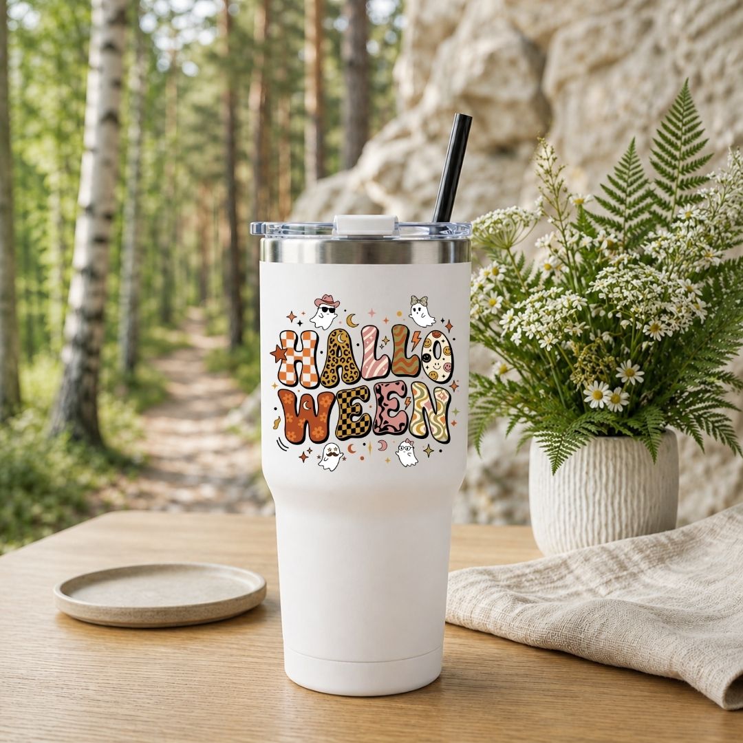 A white insulated tumbler with a clear lid and black straw sits on a wooden table outdoors. The tumbler has a colorful 'HALLOWEEN' graphic with cartoon ghosts and spooky motifs.