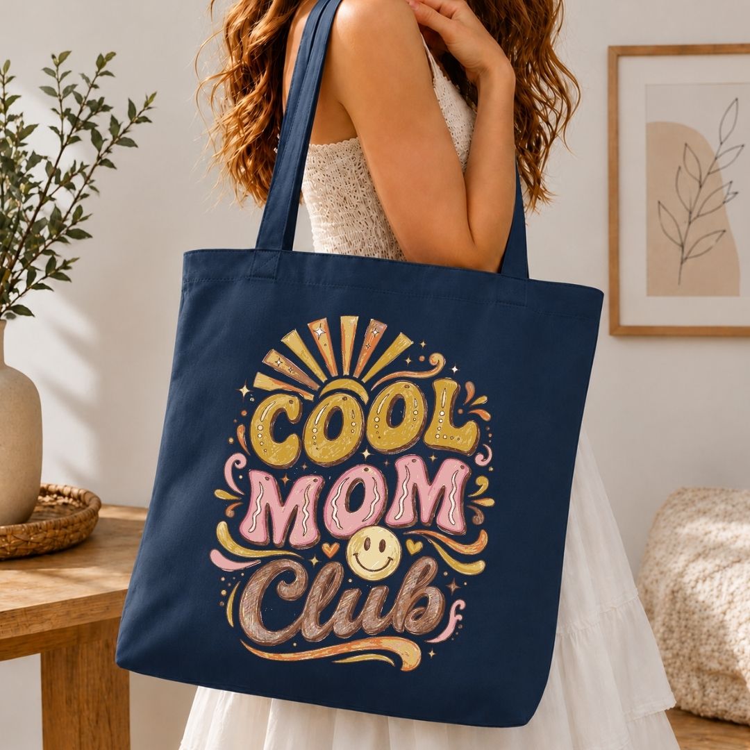 Cool Mom Club Canvas Tote Bag, Retro Groovy Navy Blue Book Bag, Aesthetic Smiley Face Shoulder Bag, Reusable Cotton Grocery Tote