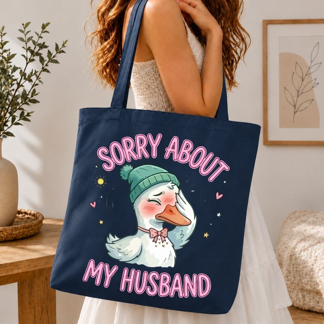 Aesthetic Navy Blue Canvas Tote Bag with Funny Duck Print