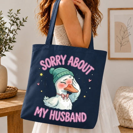 Aesthetic Navy Blue Canvas Tote Bag with Funny Duck Print