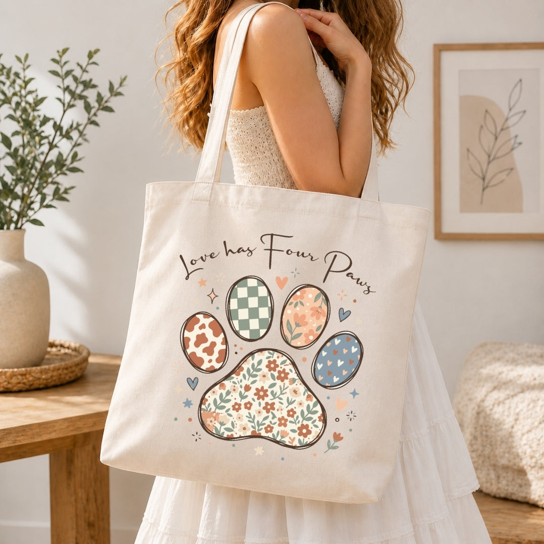 Person holding a tote bag with paw prints and text in a home setting