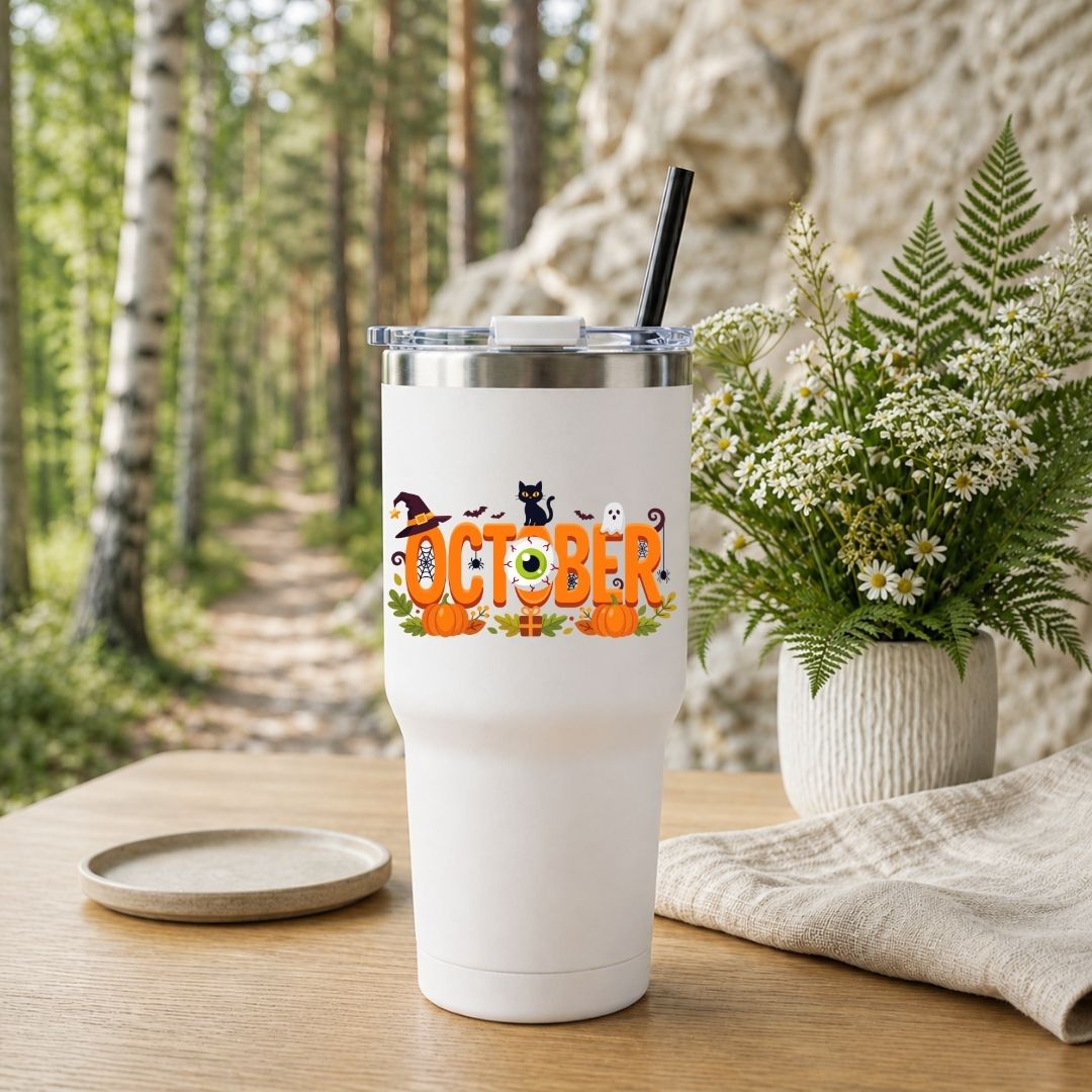White travel tumbler with a black straw, featuring a spooky "October" design, placed on a wooden table near a plant.
