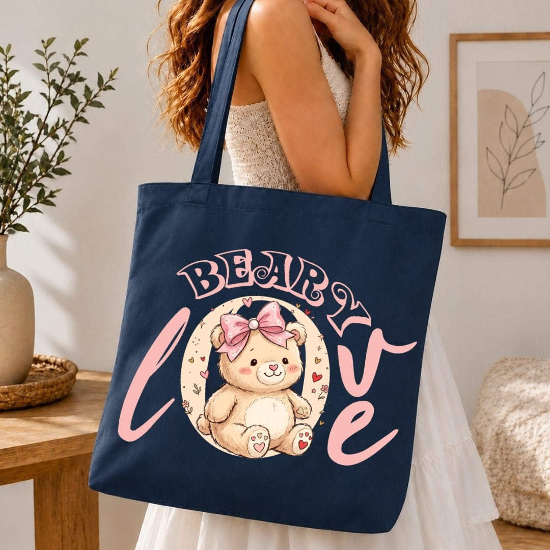 Aesthetic Navy Blue Canvas Tote Bag with Teddy Bear Print