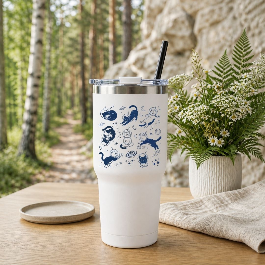 A white insulated tumbler with a clear lid and black straw, decorated with blue whimsical duck illustrations, set on a wooden table outdoors with a forest path, rock wall, and potted fern in the background.