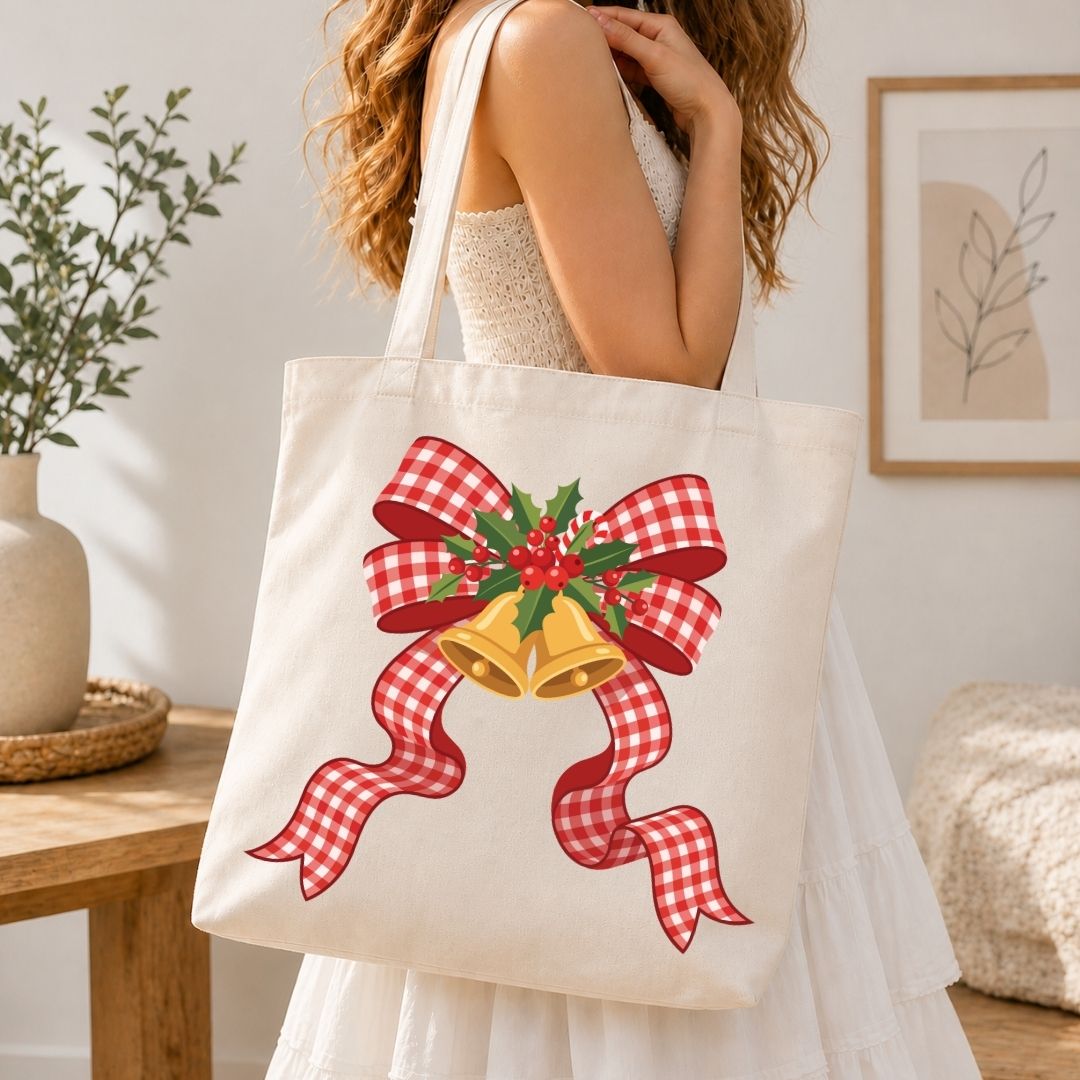 A woman wearing a white dress carries a cream canvas tote bag decorated with a red and white gingham bow, green holly leaves, red berries, and two gold bells, set against a warm, neutral-toned indoor background.