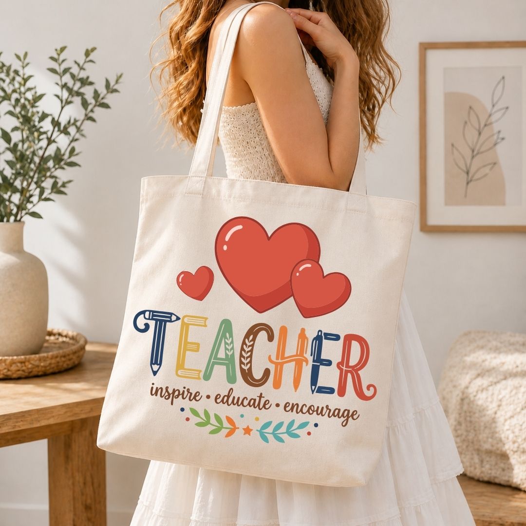 Teacher Canvas Tote Bag, Inspire Educate Encourage Book Bag, School Lesson Planner Shoulder Bag, Cute Reusable Cotton Teacher Tote