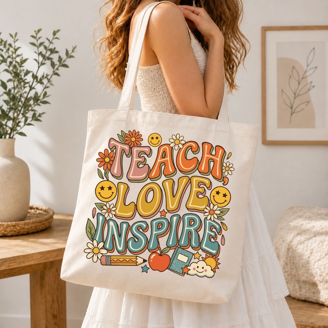Person in a white dress carrying a canvas tote bag printed with the vibrant "TEACH LOVE INSPIRE" school and floral graphic.