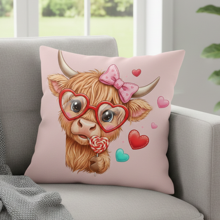 Cushion with a cartoon cow wearing heart-shaped glasses on a gray sofa.