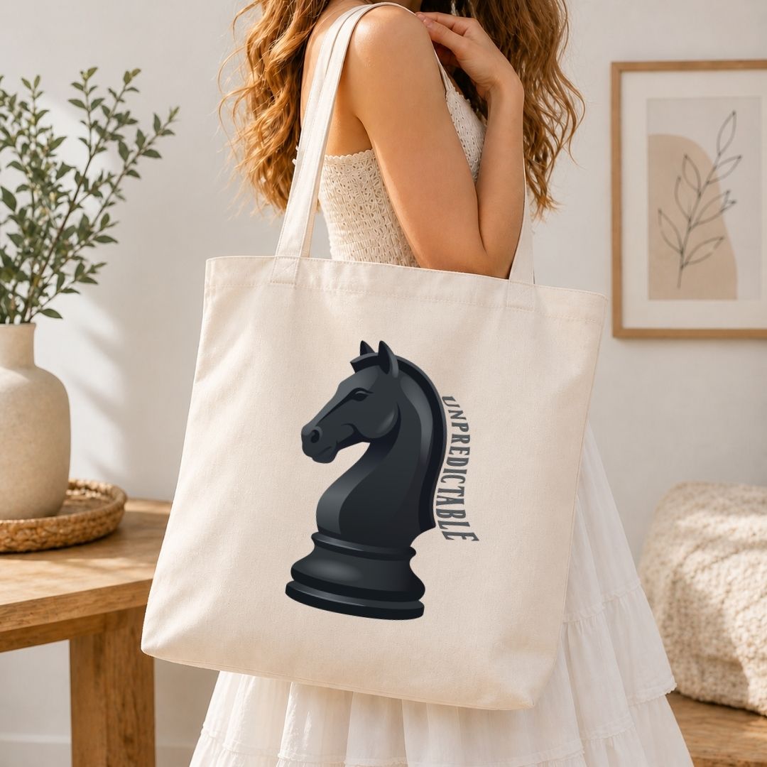 Unpredictable Chess Knight Canvas Tote Bag, Minimalist Chess Piece Book Bag, Aesthetic Shoulder Bag for Chess Lovers, Reusable Grocery Tote