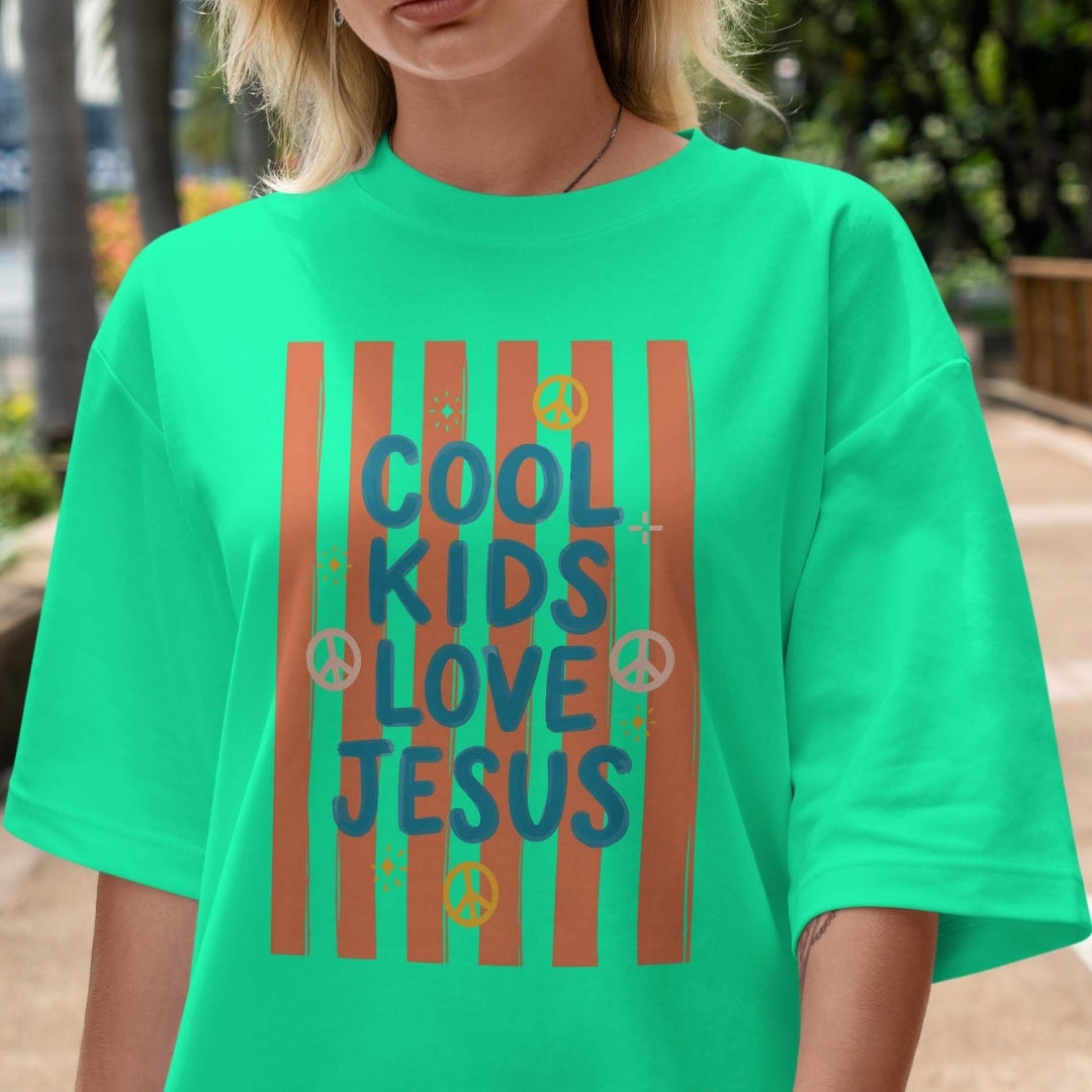 Groovy Cool Kids Love Jesus PNG | Vibrant Green Striped Shirt Sublimation Wrap