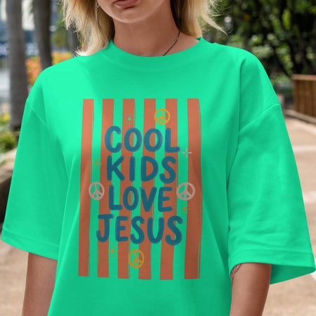 Groovy Cool Kids Love Jesus PNG | Vibrant Green Striped Shirt Sublimation Wrap