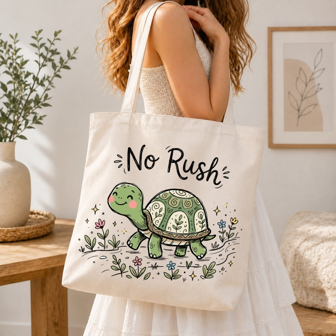 Person in a white dress carrying a canvas tote bag printed with the "No Rush" turtle and botanical details.