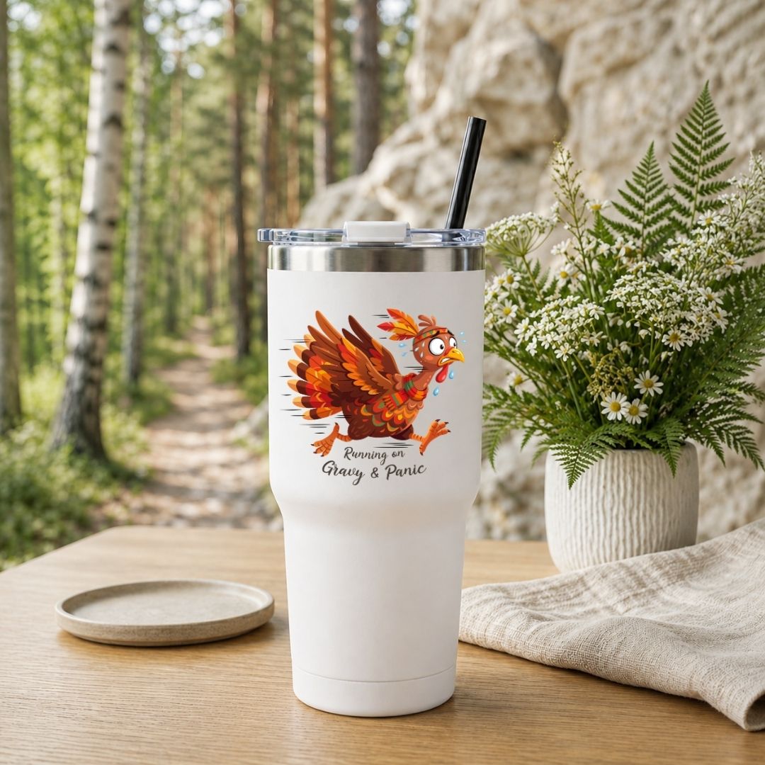 A white insulated tumbler with a clear lid and black straw sits on a wooden table outdoors. The tumbler has a printed illustration of a fiery orange bird and the text 'Running Crazy & Panic.