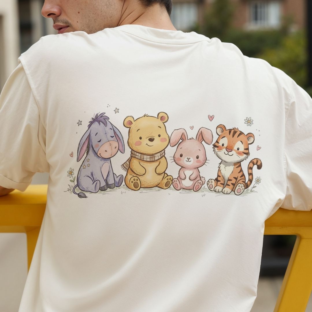 Person wearing a white t-shirt with cartoon characters on the back