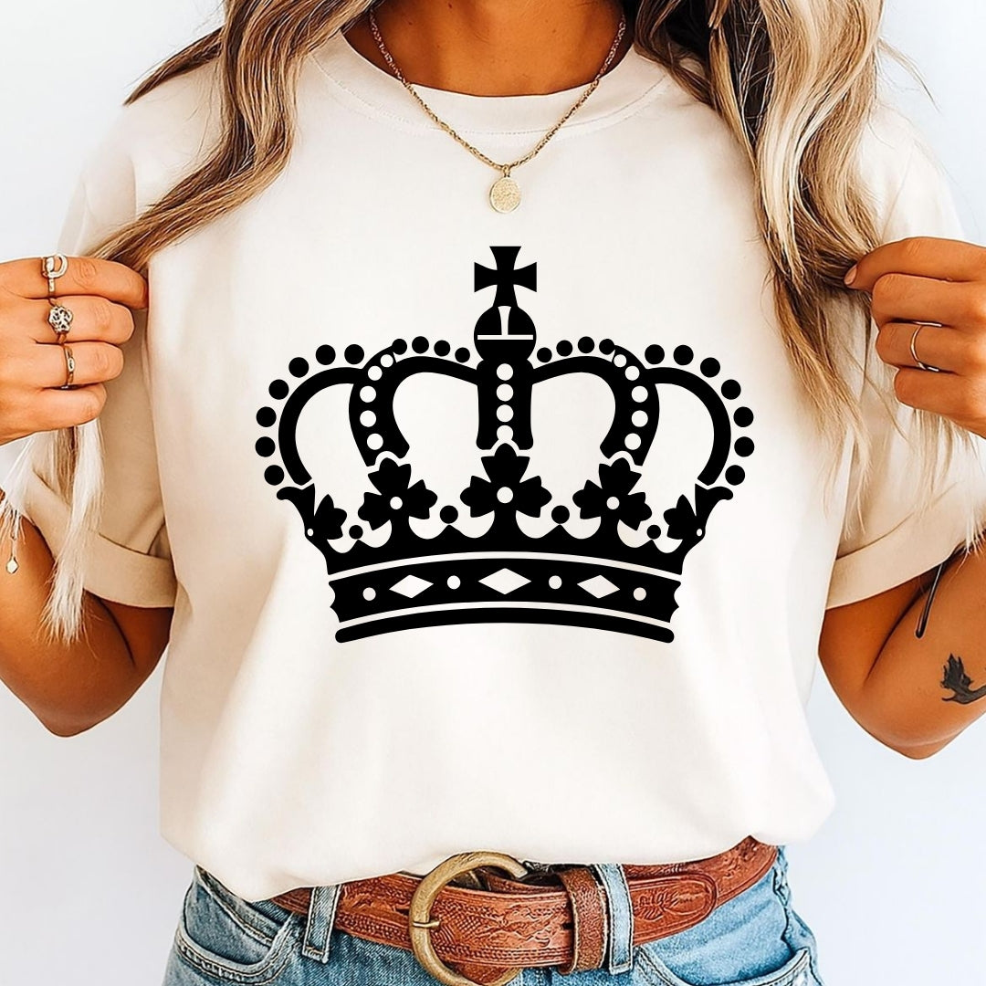 Person wearing a white t-shirt with a black crown graphic design.