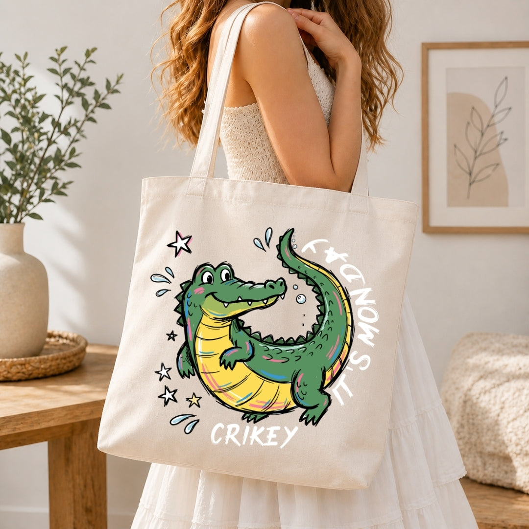 Aesthetic Canvas Tote Bag with Cartoon Crocodile Print