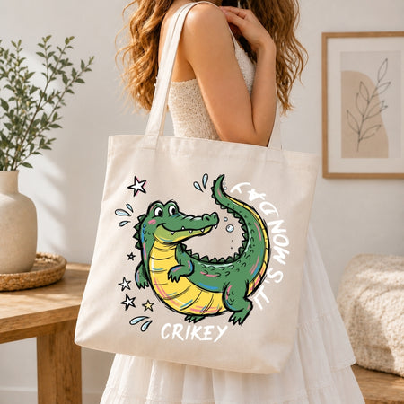 Aesthetic Canvas Tote Bag with Cartoon Crocodile Print