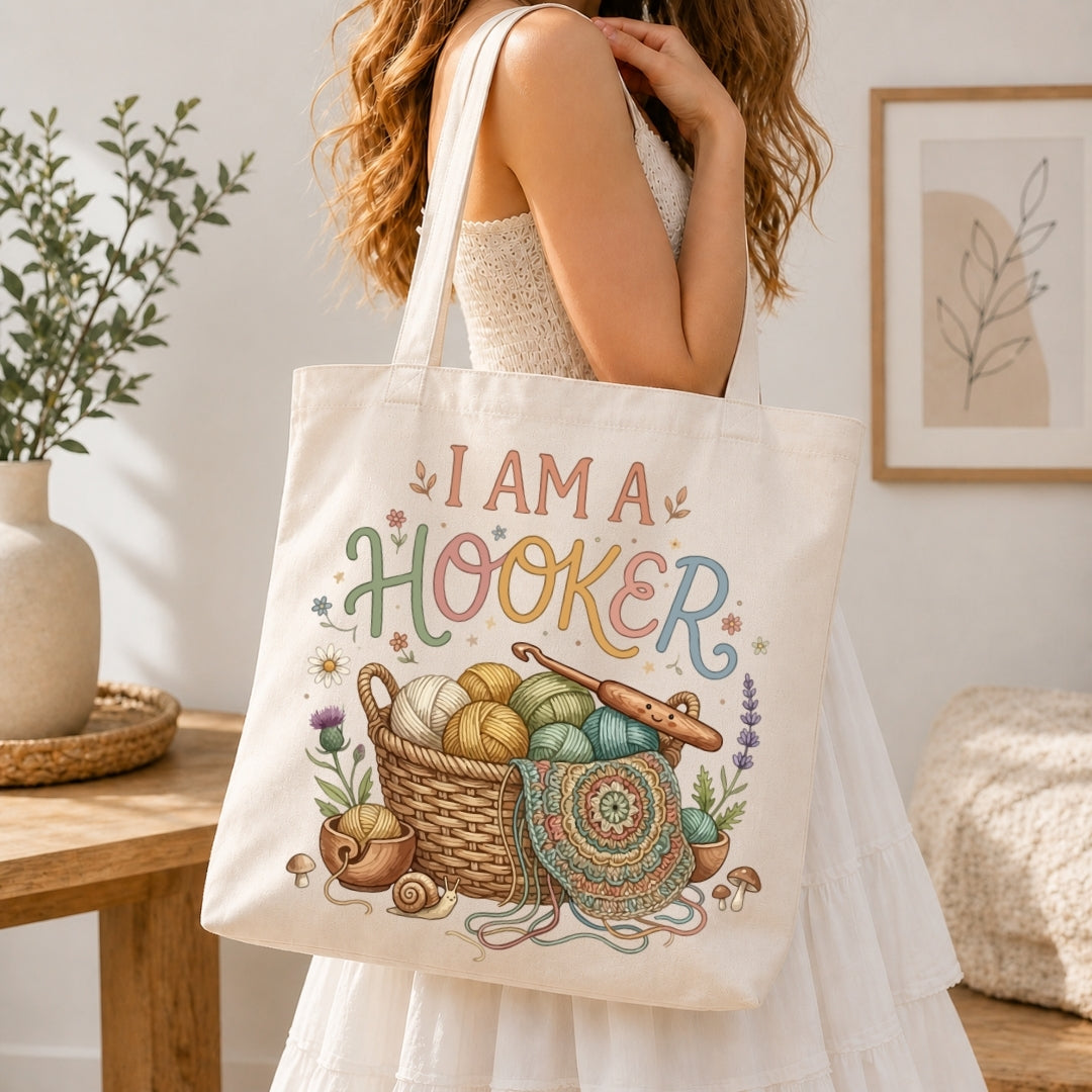 A woman in a white dress carries a cream canvas tote bag with a colorful illustration of a yarn basket and the text 'I AM A HOOKER'.