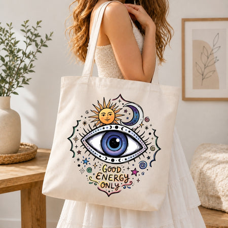 Person holding a tote bag with a sun, moon, and eye design with 'Good Energy Only' text.
