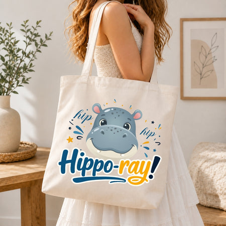 Aesthetic Canvas Tote Bag with Playful Hippo Print Mockup
