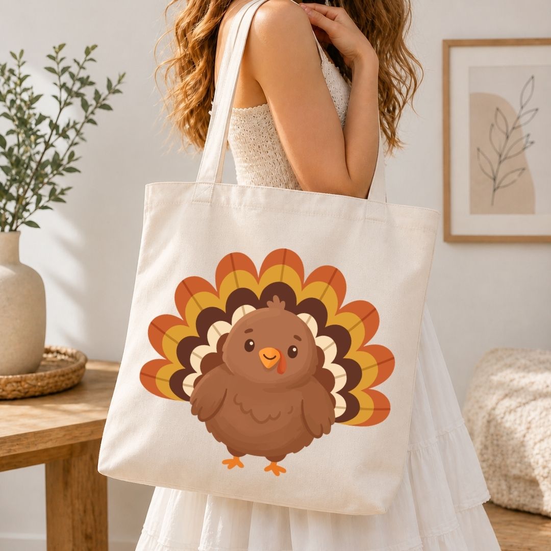 A woman in a white dress carries a cream canvas tote bag featuring a cartoon turkey design with orange, yellow, and brown feathers, set in a bright, modern room.