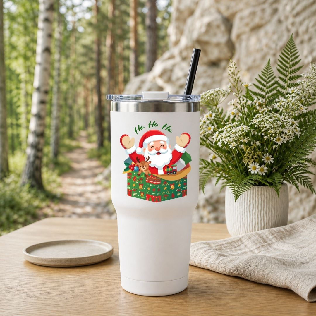A white insulated tumbler with a clear lid and black straw sits on a wooden table outdoors. The tumbler has a colorful Christmas illustration of Santa Claus and a gift box with the words “Ho Ho Ho.