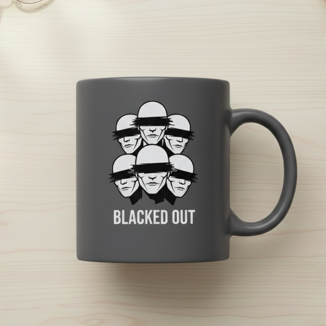 Gray mug with a graphic design of blindfolded faces and 'BLACKED OUT' text on a light wooden surface.