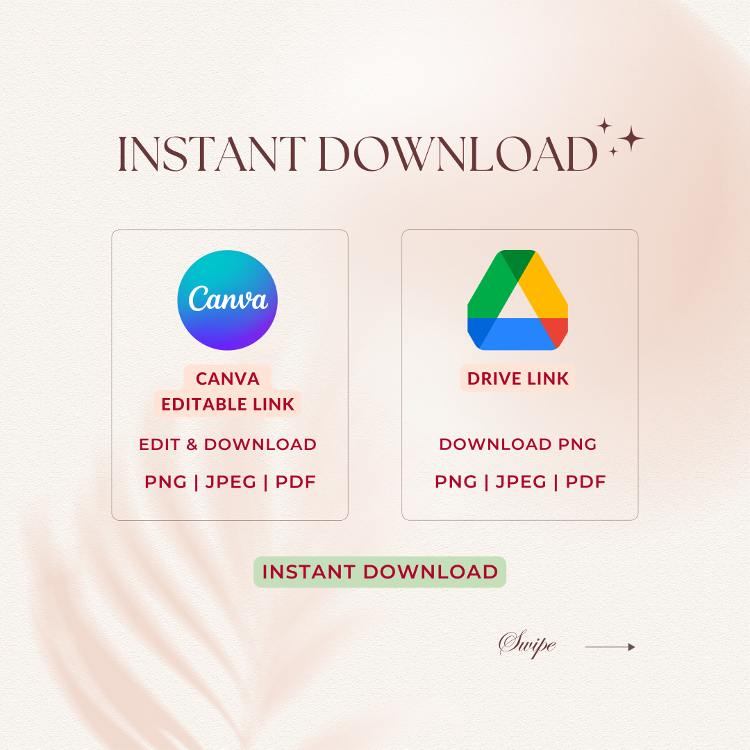 Promotional graphic for instant download options with Canva and Google Drive logos.