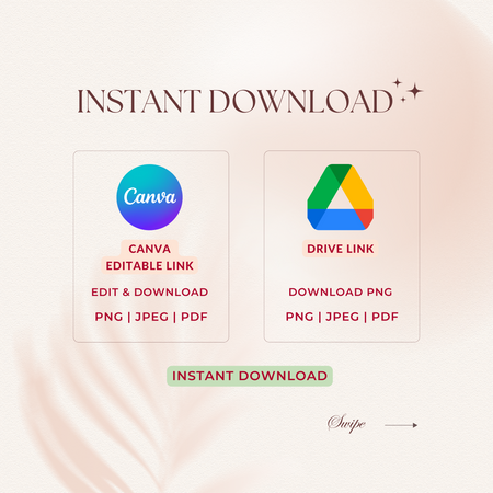 Promotional graphic for instant download options with Canva and Google Drive logos.