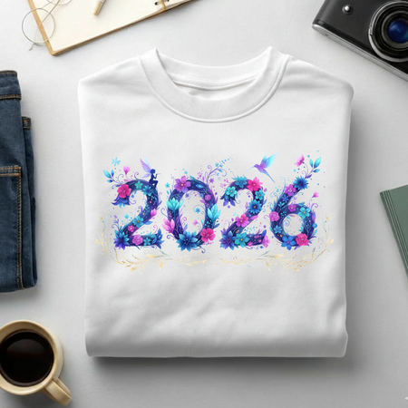 Folded white sweatshirt with '2026' design featuring flowers on a light gray surface with a coffee cup and jeans.