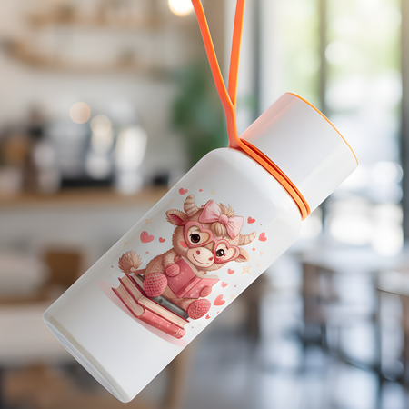 White water bottle with a cartoon cow design and orange strap in a blurred indoor setting