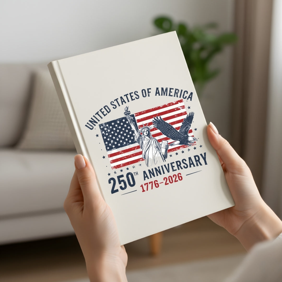 Book with 'United States of America 250th Anniversary' design held by hands in a living room.