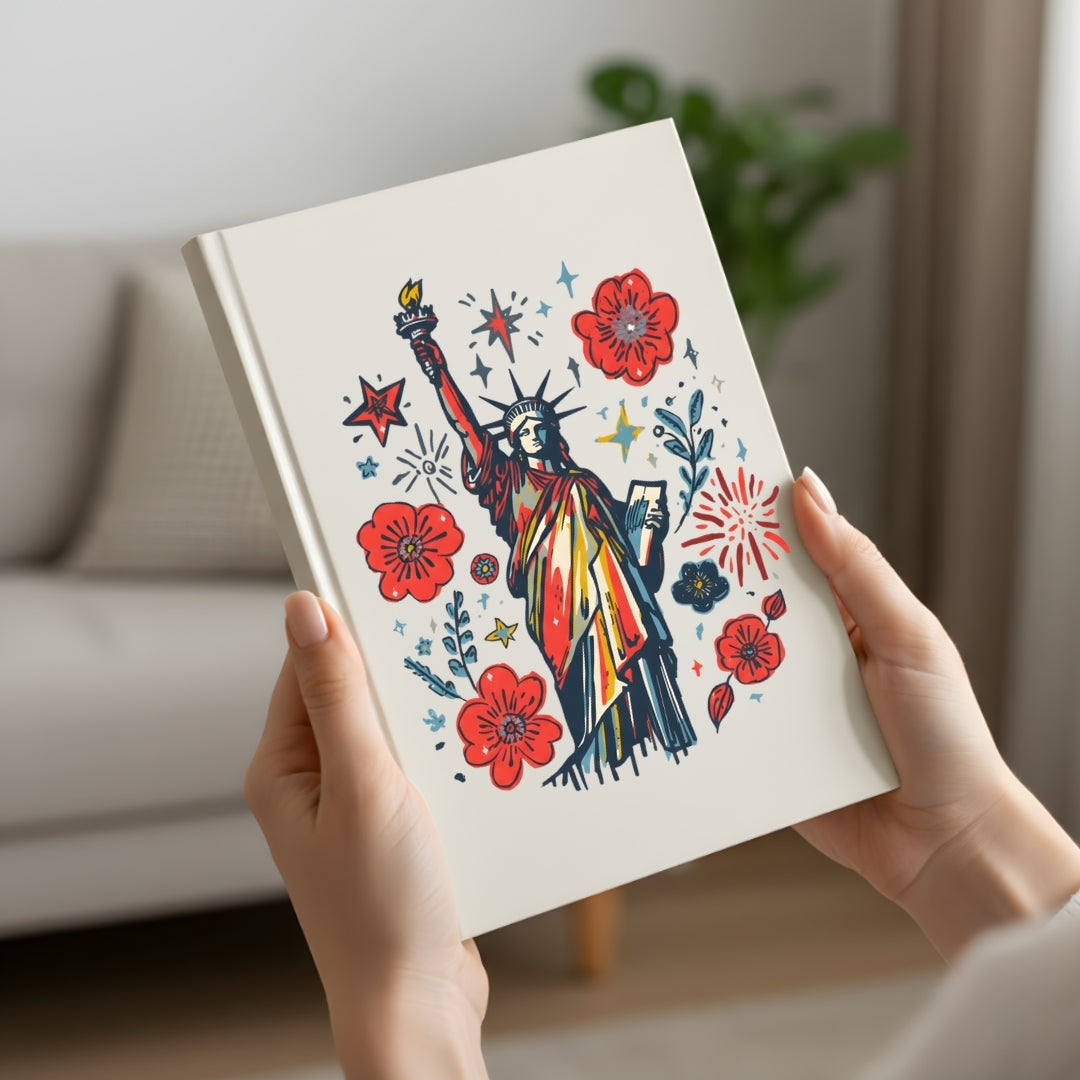 Book with a colorful illustration of the Statue of Liberty held by a person in a home setting.