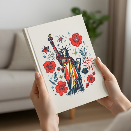 Book with a colorful illustration of the Statue of Liberty held by a person in a home setting.