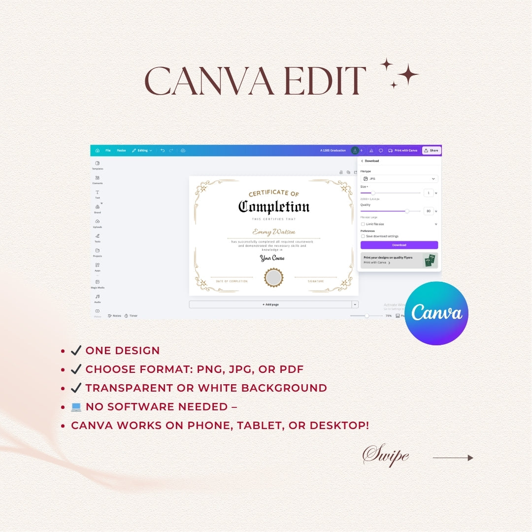 Canva Edit software interface with certificate design on a light background