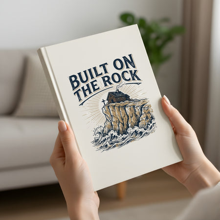 Book titled 'Built on the Rock' held by hands with a blurred indoor background