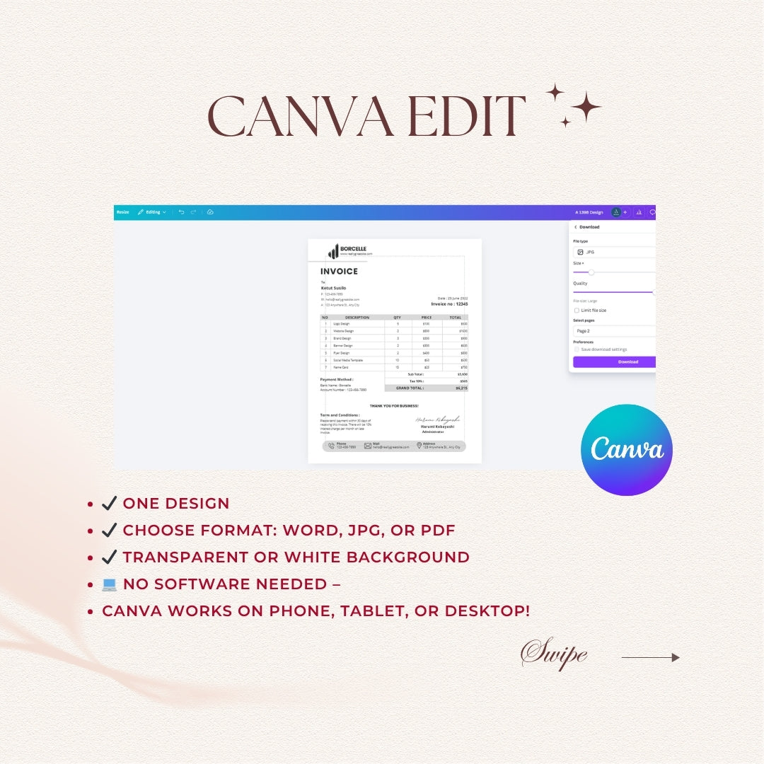 Canva Edit software interface with invoice template on a light background
