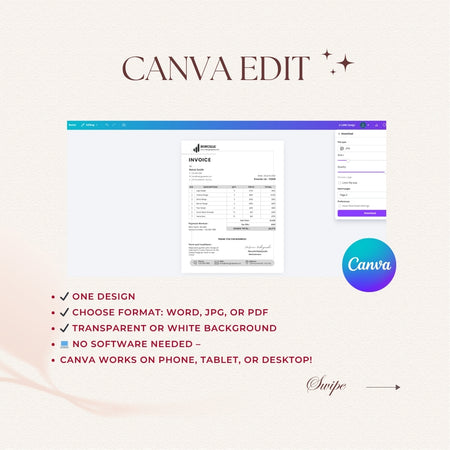 Canva Edit software interface with invoice template on a light background