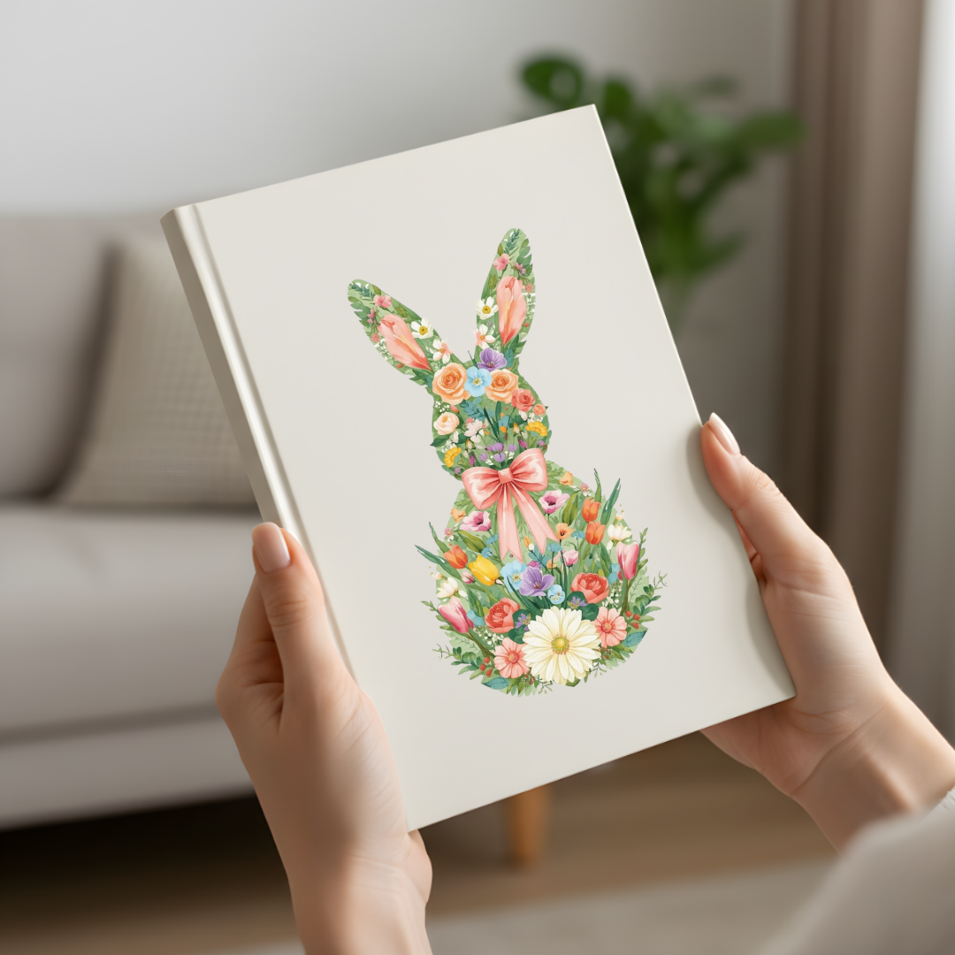 Notebook with floral bunny design held by hands in a room setting