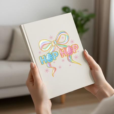 Notebook with colorful 'Hop Hop' design held by hands in a home setting
