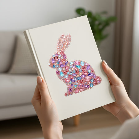 Notebook with a decorative pink rabbit design made of colorful crystals, held by hands in a home setting.