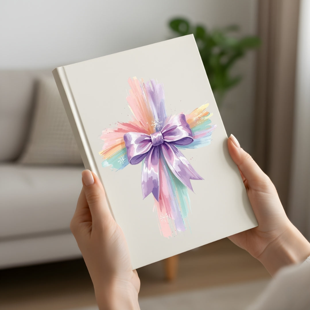 Notebook with a colorful bow design held by hands in a home setting