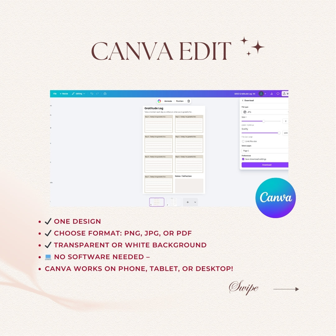 Canva Edit software interface with branding and features listed on a light background